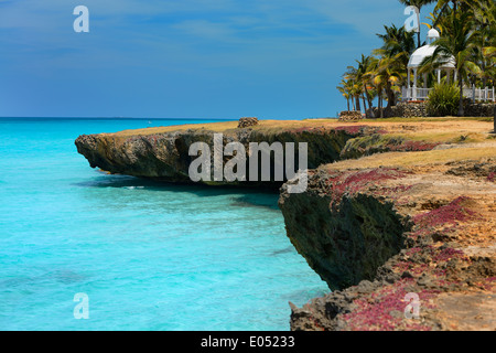 Lava Rock Ufer mit Blow Hole Brunnen, Palmen und Pavillon in Varadero Kuba Resort mit türkisfarbenen Meer Stockfoto