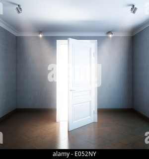 Tür in eine andere Welt in grauen Innenraum (Darstellung mit geöffneter Türe und helles Licht drin) Stockfoto