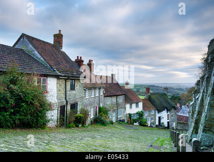 Reihe von malerischen englischen Cottages im Gold Hill in Shaftesbury in Dorset. Stockfoto