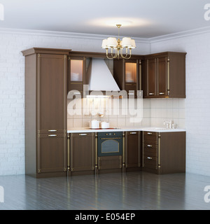 Holz Küche im neuen weißen Raum mit Parkettboden Stockfoto