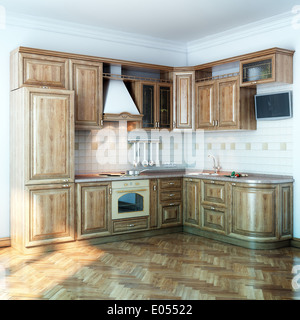 Holz Küche im neuen weißen Raum mit Parkettboden Stockfoto