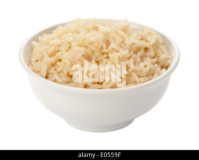 Gekochten Reis in eine Schüssel weiß, isoliert auf weiss. Stockfoto