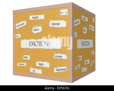 Emotionen 3D-Würfel Pinnwand Wort Konzept mit großer Begriffe wie Liebe, Hoffnung, glücklich und vieles mehr. Stockfoto