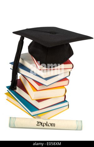 Ein Doktorhut auf einem Stapel, Buch, symbolische Foto für Ausbildung und Kompetenz, Ein Doktorhut Auf Einem Buecherstapel, Symbolfoto fu Stockfoto