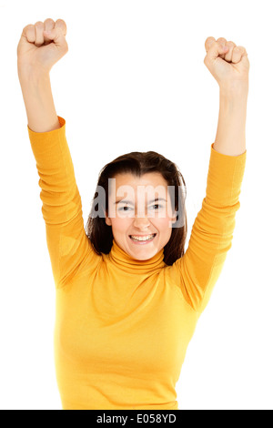 Nahaufnahme einer jungen Frau, hob die Arme mit weißem Hintergrund Stockfoto