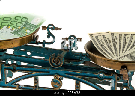 Dollar und Euro auf die Waage. Unterschiede der Währungen, Dollar Und Euro Auf Waage. Unterschiede der Waehrungen Stockfoto