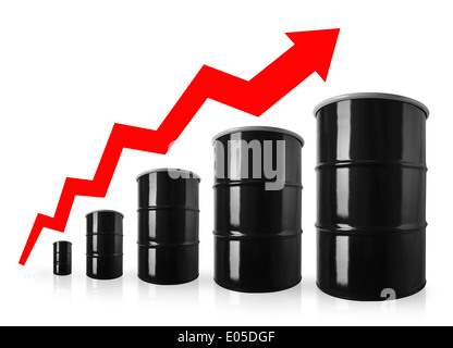 Öl Trommel Lager Diagramm mit roter Pfeil zeigt steigende Preise für Öl. Stockfoto