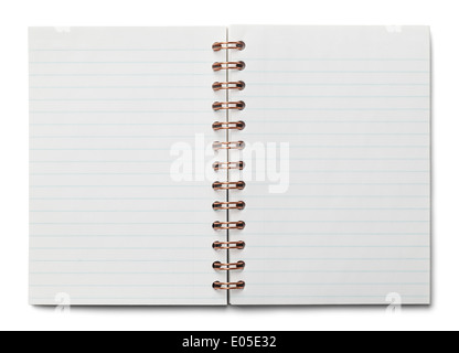 Kleine Spirale gebunden Notebook geöffnet mit weißen blau gesäumt Papier isoliert auf weißem Hintergrund. Stockfoto