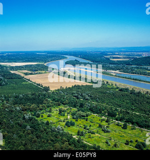 Luftaufnahme von Marckolsheim Wasserkraftwerk und Damm auf Rhein Elsass Frankreich Europa Stockfoto