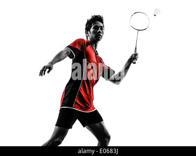 ein asiatischer Badminton Spieler junger Mann in weißem Hintergrund Silhouette isoliert Stockfoto