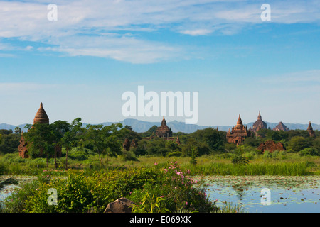 Antiken Tempeln und Pagoden mit Teich, Bagan, Myanmar Stockfoto