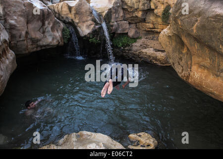 Jericho, Westjordanland, Palästinensische Gebiete. 4. Mai 2014. Die obere Feder Wadi Kelt ist im Nahal Prat Naturschutzgebiet in der Nähe der West Bank Stadt Jericho Wadi Kelt ein Tal laufen west nach Ost durch die Judäische Wüste im Westjordanland, mit Ursprung in der Nähe von Jerusalem und in der Nähe von Jericho zu beenden. Shadi Hatem/NurPhoto/ZUMAPRESS.com/Alamy © Live-Nachrichten Stockfoto