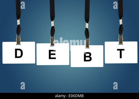 Finanzschulden Wort auf Abzeichen mit blauem Hintergrund Stockfoto