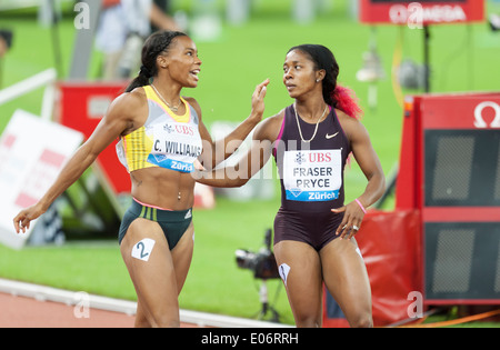 Jamaikanische Sprinterin Shelly-Ann Fraser-Pryce und US-Sprinter Charadona Williams in Zürich. Stockfoto