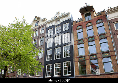 Alte Fassaden mit Riemenscheiben an Brouwersgracht Kanal in Amsterdam Stockfoto