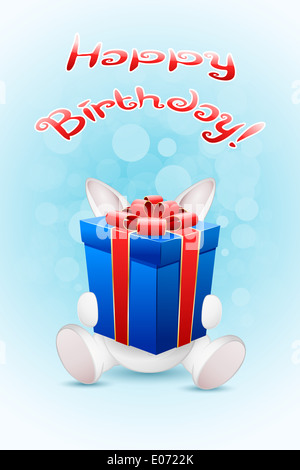 Happy Birthday Card mit Kaninchen und Geschenk Stockfoto