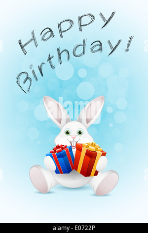 Happy Birthday Card mit Kaninchen und Geschenk Stockfoto