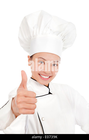asiatische Köchin, Koch oder Bäcker zeigt Daumen hoch Stockfoto