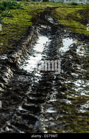 Detail eines schlammigen Tracks in einem ländlichen Gebiet mit Pfützen Stockfoto