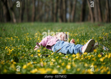 Kleines Mädchen In der Wiese liegend Stockfoto