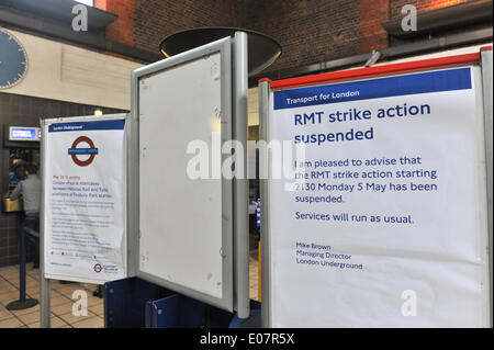 Turnpike Lane, London, UK. 5. Mai 2014. Plakate in Turnpike Lane Station angekündigt, die das geplante dreitägige Rohr Streik ausgesetzt wurde. Bildnachweis: Matthew Chattle/Alamy Live-Nachrichten Stockfoto