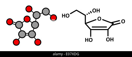 Vitamin C (Ascorbinsäure, Ascorbat) Molekül. Stilisierte 2D Rendering und konventionellen Skelettformel. Stockfoto