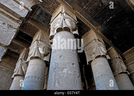 Ägypten, Dendera, ptolemäischen Tempel der Göttin Hathor.View der Decke und Spalten in der Säulenhalle. Stockfoto