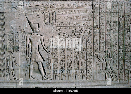 Ägypten, Dendera, ptolemäischen Tempel der Göttin Hathor.Carvings an Außenwand. Stockfoto