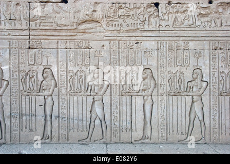 Ägypten, Dendera, ptolemäischen Tempel der Göttin Hathor.Carvings an Außenwand. Stockfoto