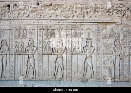 Ägypten, Dendera, ptolemäischen Tempel der Göttin Hathor.Carvings an Außenwand. Stockfoto
