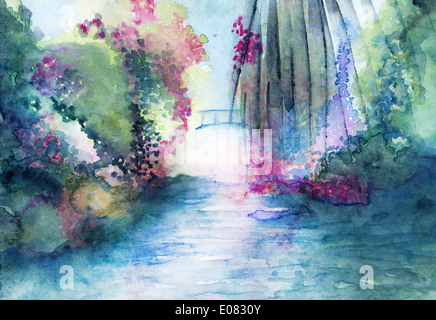 Romantische Brücke, blühenden Bäumen und Wasserlandschaft, abstrakt Fantasy Aquarell in vielen Farben. Stockfoto
