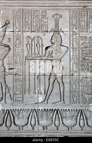 Ägypten, Dendera, ptolemäischen Tempel der Göttin Hathor.Carvings an Außenwand. Stockfoto
