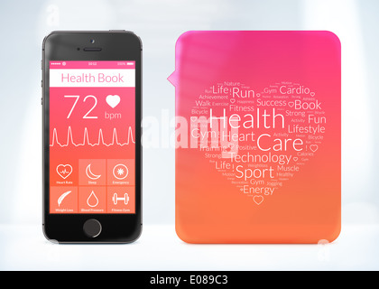 Direkt Vorderansicht des Gesundheit-Book-Anwendung für Smartphones mit Wort-Wolke-Aufkleber. Stockfoto