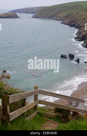 Blick von der Klippe über Porth Ysgo, Aberdaron Blick über die Bucht/Strand in Richtung Aberdaron und Bardsey Island / Ynys Enlli Stockfoto