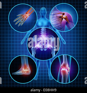 Schmerzende Gelenke menschlichen Anatomie-Konzept mit dem Körper als eine Gruppe von kreisförmigen Platten der schmerzenden Bereiche als Schmerzen und Arthritis oder Verletzungen Krankheit Symbol für Gesundheitswesen und medizinische Symptome aufgrund von Alterung oder Sport und Arbeit Verletzungen. Stockfoto