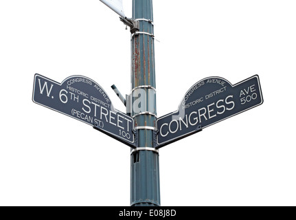 Zeichen für West 6th Street und Congress Avenue in Austin, Texas Stockfoto