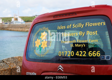 Isles of Scilly Blumen per Post Fahrzeug Fenster mit RMV Scillonian III in der Ferne an Hugh Town, St Marys, Isles of Scilly, Scillies, Cornwall Stockfoto