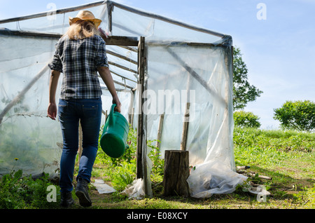 Gärtner-Frau mit Gießkanne Tool gehen in Handarbeit Gewächshaus Wintergarten. Stockfoto