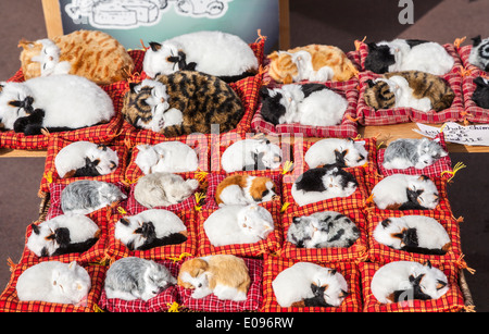 Realistisch aussehendes süßes Schlafen und zusammengerolltes Kuschelspielzeug mit Katzen und Hunden zum Verkauf auf einem Markt in Annecy, Frankreich, als Souvenirs Stockfoto