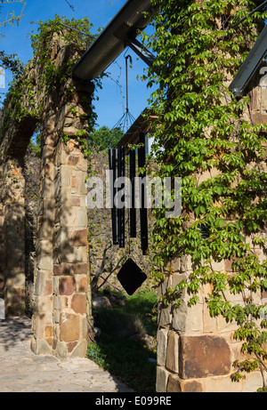 Reben bedeckt die Steinsäulen an der Lady Bird Johnson Wildflower Center. Austin, Texas, USA. Stockfoto