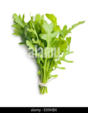 Frischer Rucola Blätter auf weißem Hintergrund Stockfoto