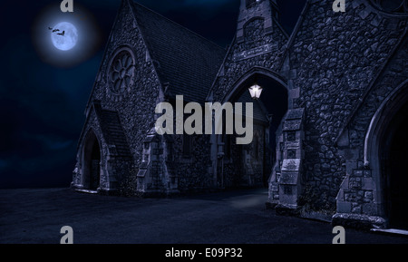 dunkle Mondlicht Kirchhof mit Fledermäusen in essex Stockfoto