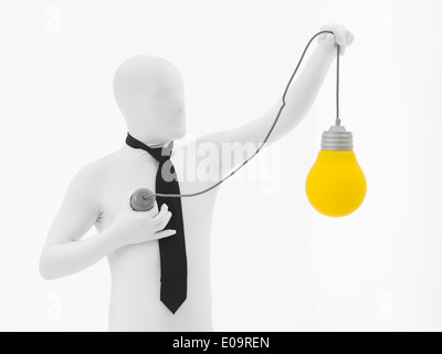 der Mann ohne Gesicht in weiß gekleidet mit schwarzer Krawatte mit gelben Glühbirne angeschlossen an sein Herz Stockfoto