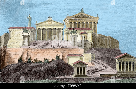 Griechenland. Akropolis von Athen. Gravur. des 19. Jahrhunderts. Spätere Färbung. Stockfoto