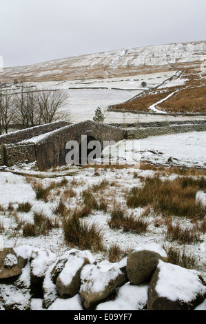 Widdale Beck fließt durch schneebedeckte Felder und unter eine Steinbrücke mit der Grat des Widdale fiel hinter. Stockfoto