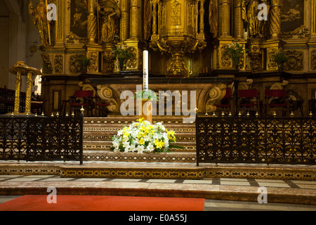 Osterkerze vor dem Hochaltar dekoriert mit Lilien in der Basilika von St. Francis in Palma, Mallorca, Spanien Stockfoto