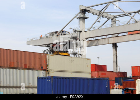 Container-Kran und Stapel von Containern im Hafen Stockfoto