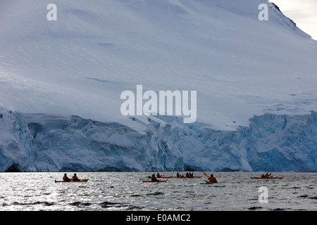 Gruppe von Meer Kajakfahrer unter großen Gletscher in der Antarktis Port lockroy Stockfoto