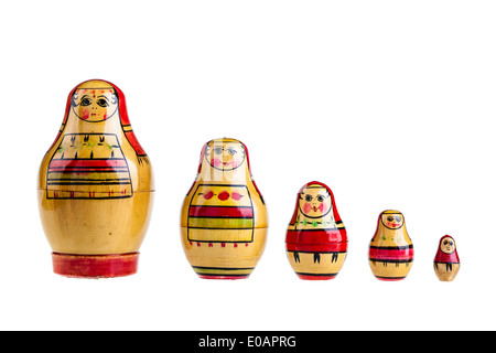 eine Reihe von Matrioshka russische Puppen auf einem weißen Hintergrund isoliert Stockfoto