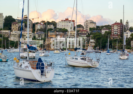 Sydney Australien, Sydney Hafen, Hafen, Double Bay, Yachten, Segelboote, Boote, festgemacht, am Wasser, Residenzen, Eigentumswohnungen Wohnapartments bui Stockfoto